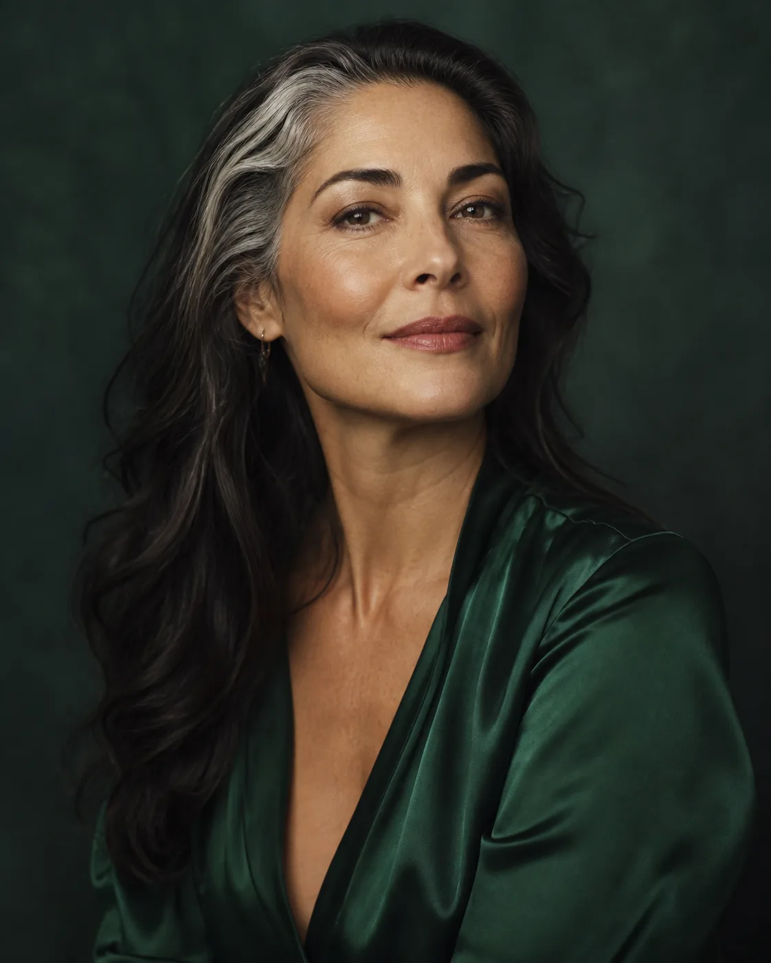 A confident woman in her early fifties with silver-streaked dark hair in an emerald silk blouse
