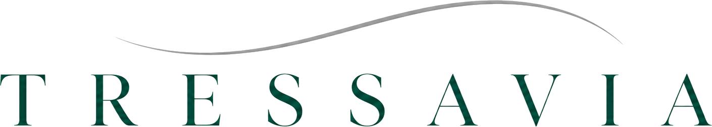 Tressavia wordmark in emerald serif with a silver strand accent